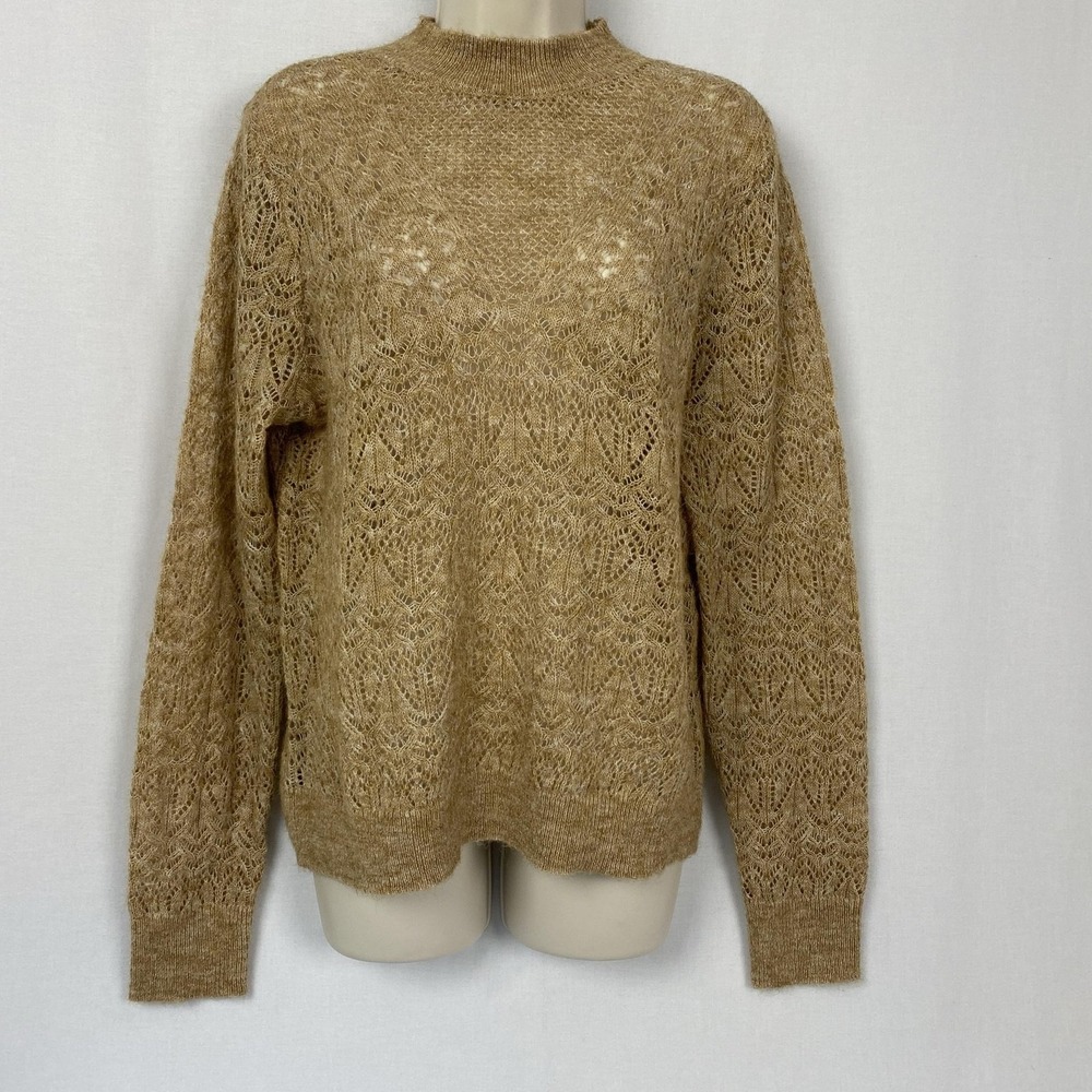 LOFT Wool Blend Sweater Large Beige Open Knit Lightweight Sheer Neutral Earthy